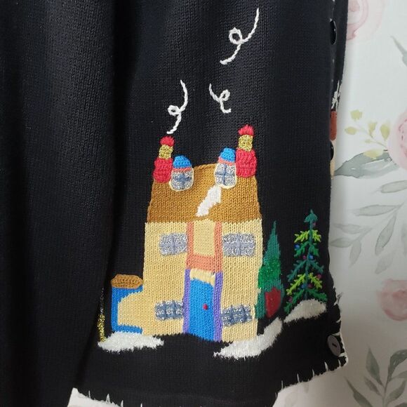 Vintage In Stitches Black Knit Holiday Christmas Cardigan Sweater womens L large - Picture 4 of 9